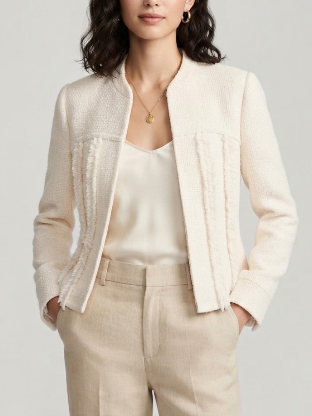 Worth Wool Knit Tweed Fringe Jacket
